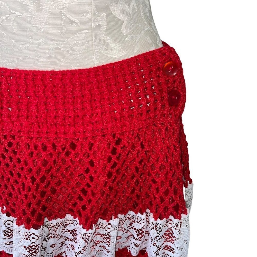 Vintage Womens Crochet Lace Skirt Size Large Fully Lined Red White Midi Button - Picture 4 of 13